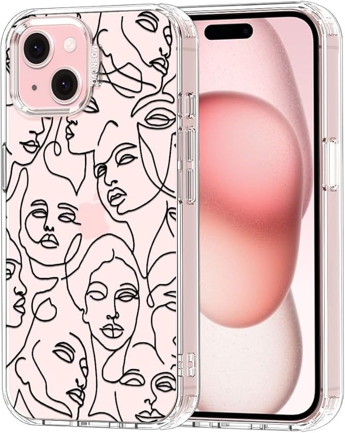 MOSNOVO Case for iPhone 15 Plus/iPhone 14 Plus, [Buffertech 6.6ft Military-Grade Drop Protection] [Anti Peel Off Tech] Clear TPU Bumper Phone Case Cover Design - Abstract Face Line Art