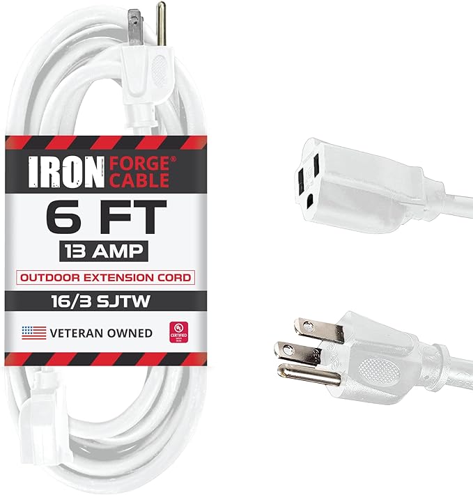 Iron Forge Cable Weatherproof 6 Ft Outdoor Extension Cord - 16/3 SJTW Heavy Duty White Extension Cord 3 Prong - 13 Amp Exterior Power Cable