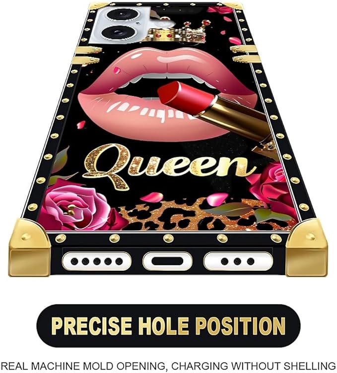 Compatible with iPhone 16 Case, Glitter Red Rose Queen Leopard Lipstick Luxury Golden Decoration for Girl Women Soft TPU Shockproof Protective Hard PC Back