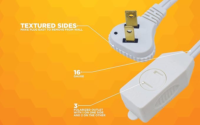 Woods SlimLine Extension Cord - 16/3 Indoor Flat Plug with Right Angled Design - 3 Polarized Outlets - PVC Jacket - Space Saving - Neutral White - 16 Gauge - 3 Feet