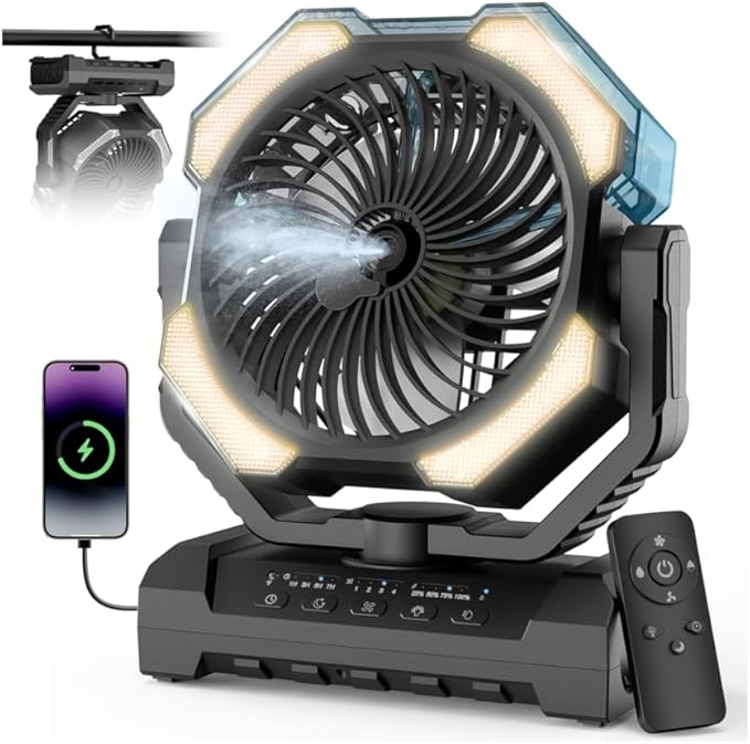 Camping Misting Fan - 24000mAh Portable Battery Powered Fans with 9oz Water Tank, Light, Hook - Rechargeable, 120H Cooling, Last 5H Mist, 4 Speed, Sleep Mode - Outdoor Gear, Travel Essentials