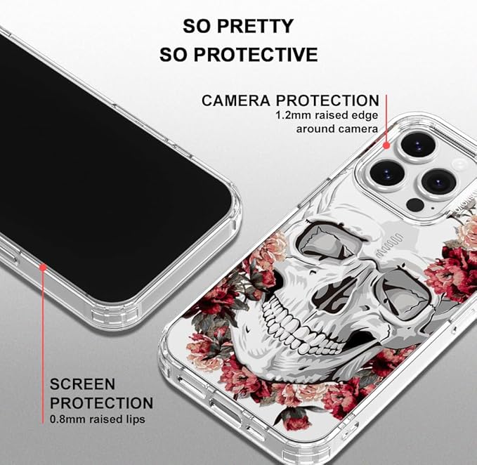 MOSNOVO Case for iPhone 16 Pro, [Buffertech 6.6ft Military-Grade Drop Protection] [Anti Peel Off Tech] Clear TPU Bumper Phone Case Cover Design - Red Flower Skull