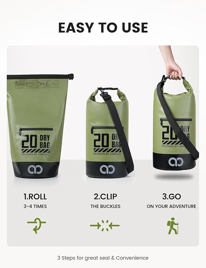 Lamicall Waterproof Dry Bag with Phone Pouch, Floating Roll Top Backpack, 10L, Green