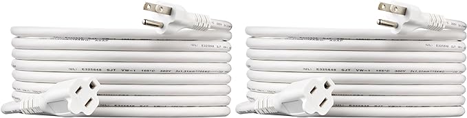 Amazon Basics Indoor Extension Cord, 3 Prong Outlet Extender Power Cord, 13 Amps, 125V, 15 Foot, White, 2-Pack