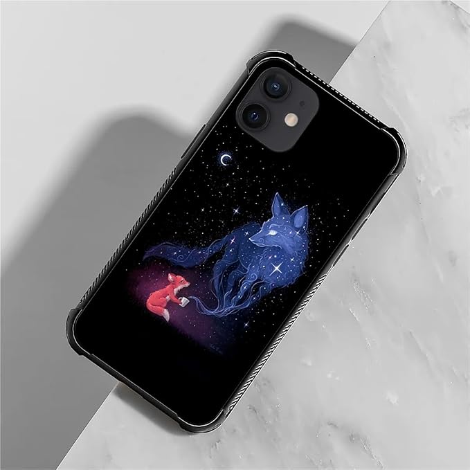 for iPhone 12 Mini Case, Galaxy Fox Wolf Pattern Graphic Design Girl Boy Soft Silicone Hard Acrylic Shock Protection for iPhone 12 Mini