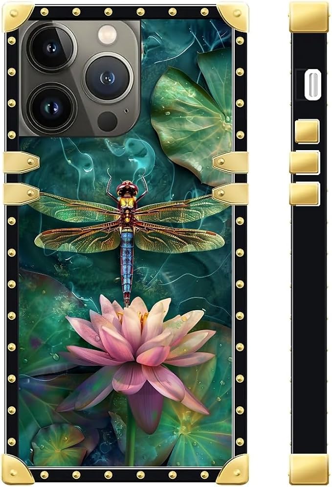 Compatible with iPhone 13 Pro Max Case, Colourful Dragonfly Pink Lily Pads Luxury Golden Decoration for Girl Women Soft TPU Shockproof Protective Hard PC Back for iPhone 13 Pro Max