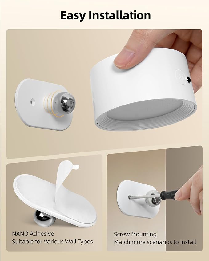 LED Wall Mounted Lights, Rechargeable Wall Sconces Lamp, 3 Color Temps & Remote and Touch, 360° Rotation Dimmable Cordless Wall Light for Study Bedroom Reading Bedside(White, 2 Pack)
