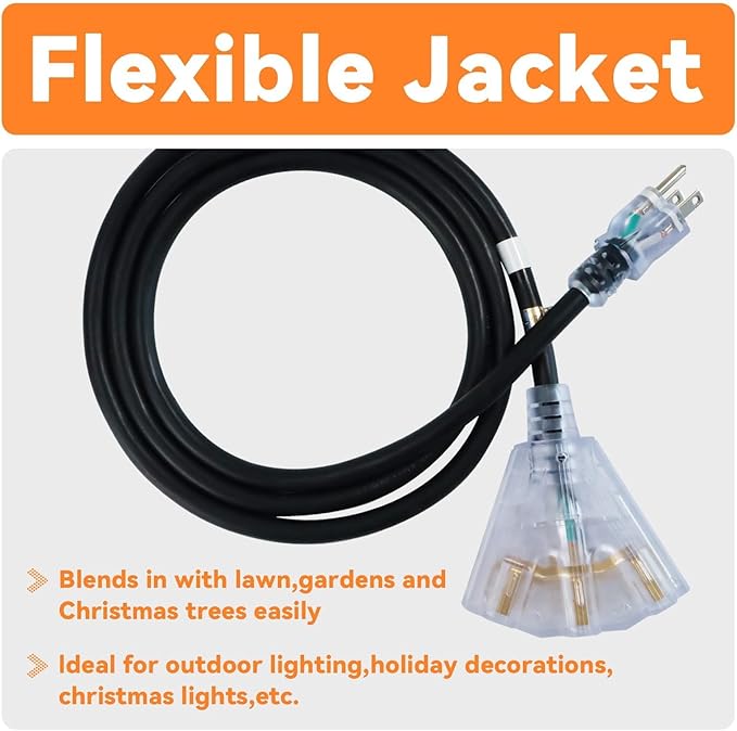 EP 30 Ft 12 Gauge Heavy Duty Extension Cord, 15A 125V 1875W, 3 Outlet Indoor/Outdoor Power Cord with Lighted End, 12/3 SJTW Weatherproof Black