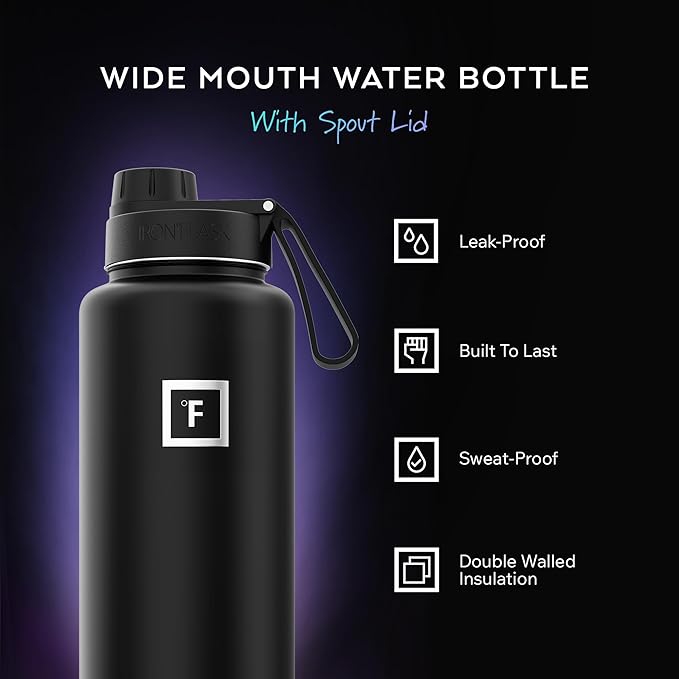 IRON °FLASK Camping & Hiking Hydration Flask with Spout, Wide Mouth Insulated Stainless Steel Sports Water Bottle - Dark Night 40 oz - Spout (1 Lid)