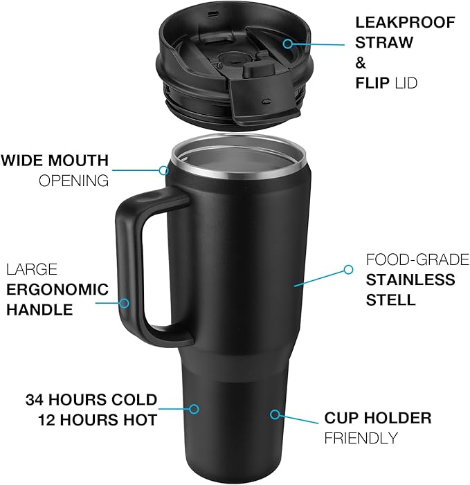 EALGRO 50 oz Tumbler with Handle, Insulated Tumblers with Lid and Straw, Large Metal Sports Water Bottle Jug, Thermal Stainless Steel Travel Coffee Mug Cup, Indigo Black
