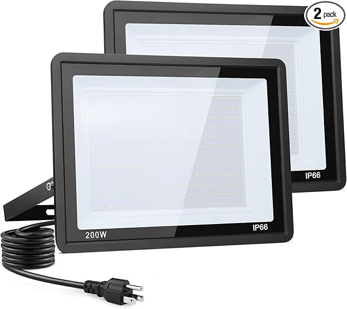 200W LED Flood Light Outdoor, 2Pack 20000LM Super Bright, IP66 Waterproof Outside Work Lights, 6500K Daylight White Security Lights