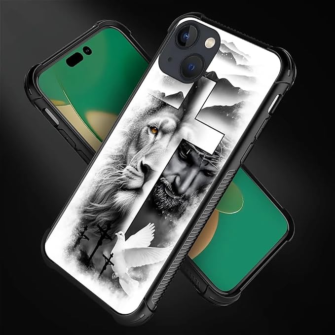 for iPhone 14 Plus Case, Lion Cross Jesus Christ Dove Pattern Made of Soft Silicone Hard Acrylic Shock Protection for iPhone 14 Plus