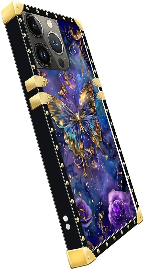Compatible with iPhone 14 Pro Case, Glistening Golden Butterfly Vibrant Purple Blue Luxury Golden Decoration for Girl Women Soft TPU Shockproof Protective Hard PC Back