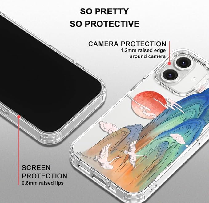 MOSNOVO for iPhone 16 Case, Shockproof Military-Grade Protection 6.6ft Drop Tested, Clear Phone Case for iPhone 16, Celestial Cranes Design