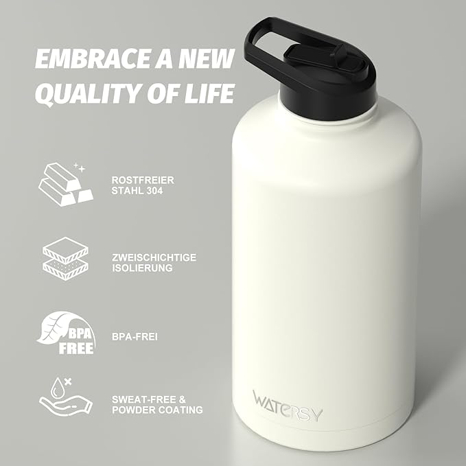 87oz Insulated Water Bottle (Cold for 48 Hrs),BPA Free&Leak Proof,1.5 Gallon Stainless Steel Water Flask,Water Jug with Straw Spout Lids for Gym,Hiking,Camping,White