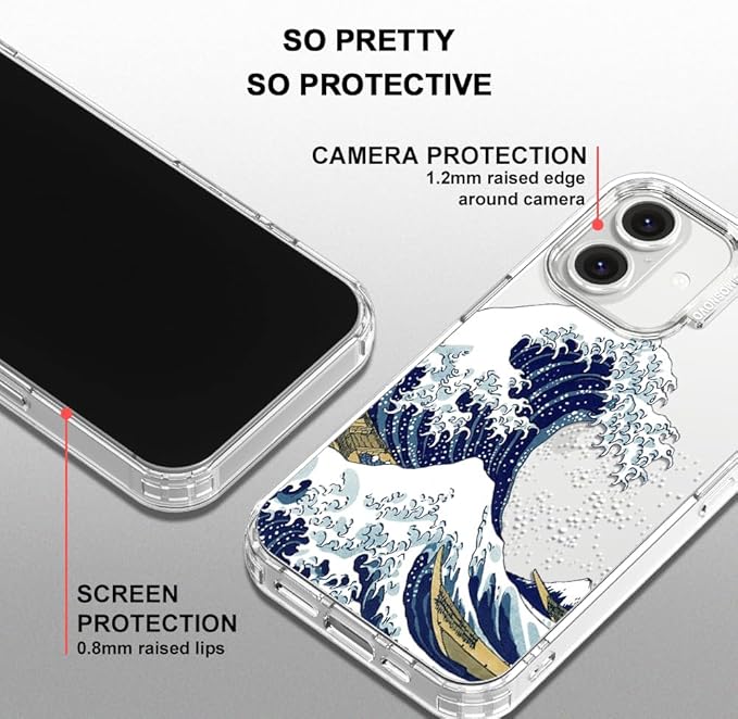 MOSNOVO Case for iPhone 16, [Buffertech 6.6ft Military-Grade Drop Protection] [Anti Peel Off Tech] Clear TPU Bumper Phone Case Cover Design - Great Wave