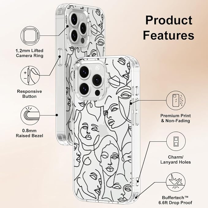 MOSNOVO Case for iPhone 13 Pro, [Buffertech 6.6ft Military-Grade Drop Protection] [Anti Peel Off Tech] Clear TPU Bumper Phone Case Cover Design - Abstract Face Line Art