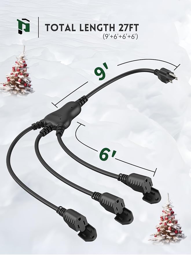 PLUGTUL 27FT Outdoor Extension Cord with Multiple Outlets, 1 to 3 Splitter Max 15FT End to Male Plug (Total 27FT) 16/3 SJTW Waterproof Power Cord for Halloween Christmas, ETL Listed, Black