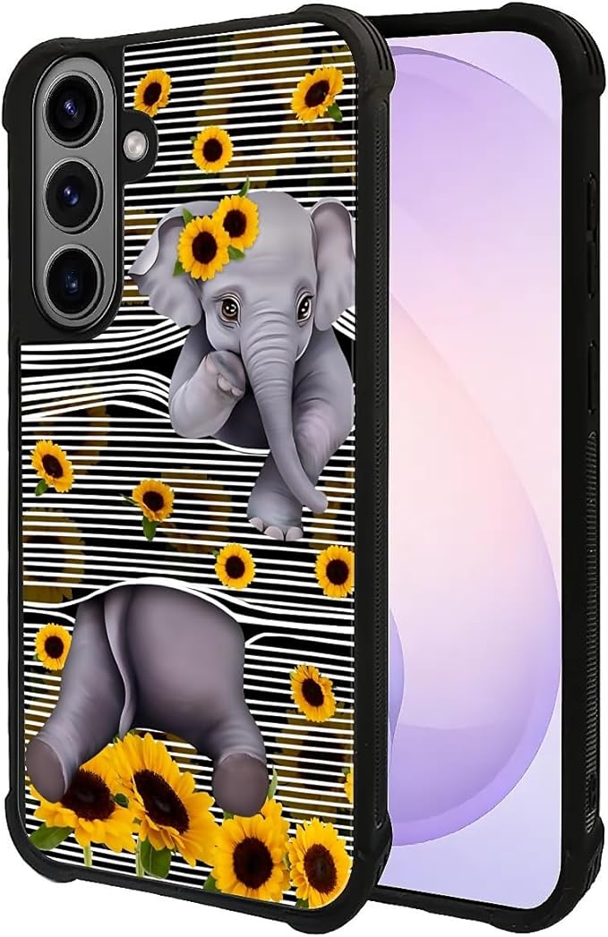 for Samsung Galaxy S26 Case,Graphic Design for Girl Boy Soft Silicone Hard Acrylic Shock Protection Designed for Samsung Galaxy S26 Cute Little Elephant Sunflower White Line Art Pattern