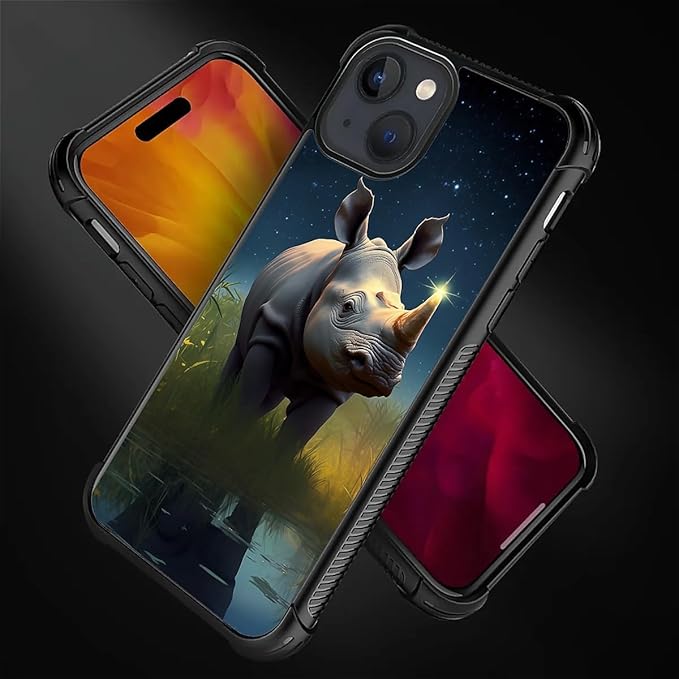 for iPhone 15 Plus Case, Rhino Water Marshes Pattern Made of Soft Silicone Hard Acrylic Shock Protection for iPhone 15 Plus