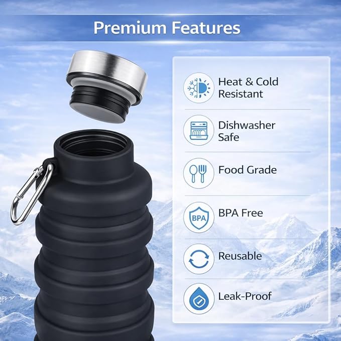 Collapsible Water Bottles,16oz Capacity Portable Reusable Silicone Water Bottle,Leak-proof,with buckle,foldable storage,Lightweight Durable for Fitness,Cycling,Sports,Camping,Hiking (Grey+Pink)