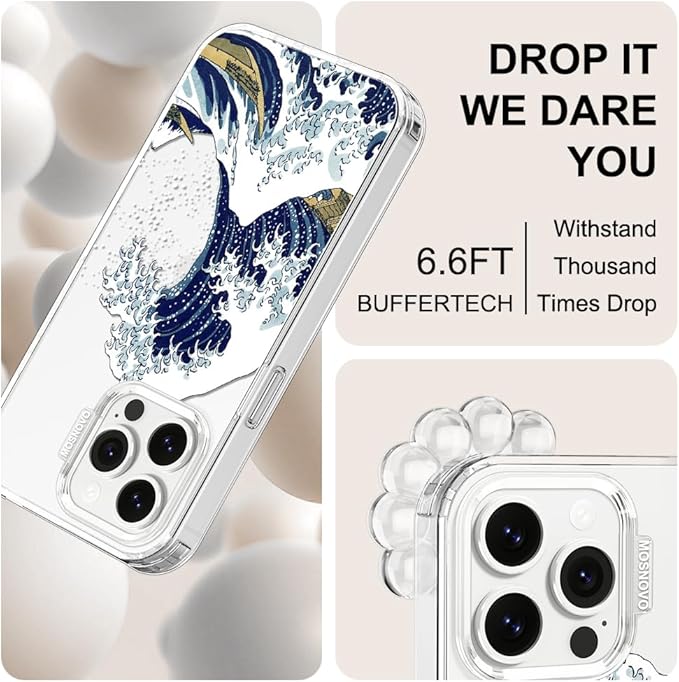 MOSNOVO Case for iPhone 14 Pro Max, [Buffertech 6.6ft Military-Grade Drop Protection] [Anti Peel Off Tech] Clear TPU Bumper Phone Case Cover Design - Great Wave