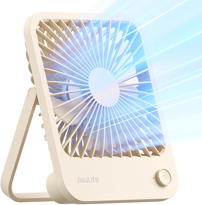 JISULIFE Desk Fan Battery Rechargeable, 4500mAh 180°Foldable Portable Personal Fan, 4 Speeds Adjustable Long Battery-life for Home Office Travel Outdoor Gifts for Women Men-Brown