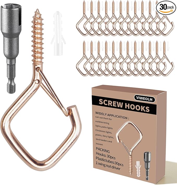 30 Pcs Rose Gold Eye Hooks Screw Heavy Duty,Ceiling Hooks for Hanging Plants,String Lights,Cup,Wind Chime,Bird Feeders. Plant Hanger Indoor&Outdoor
