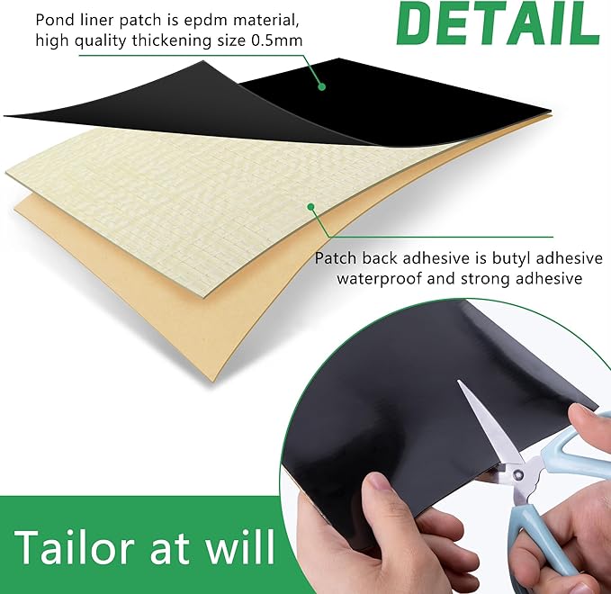 Adnee 2 Pcs Pond Liner Repair Patch-10 x 10 Inches Self-Adhesive EPDM Liner Repair Patch Kit-Thickened Square Rubber Pond Liner Seam for EPDM Garden Pond Patch Cover Repair