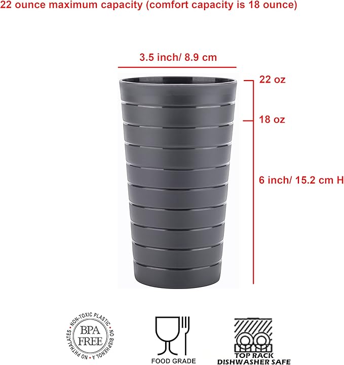 KX-WARE Mixed Drinkware 22-ounce Plastic Tumblers/Drinking Glasses/Party Cups/Iced Tea Glasses Set of 12 Dark Grey | Unbreakable, Dishwasher Safe, BPA Free