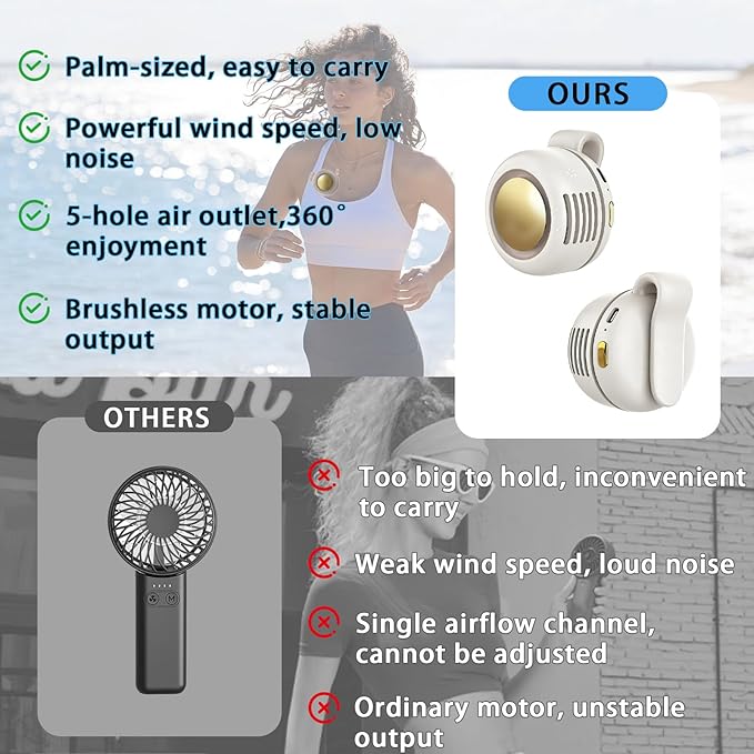 Portable Clip-On Fan, Mini USB Rechargeable 360° Rotatable Fan, 3-Speed Silent Mini Bladeless Fans (White and White)