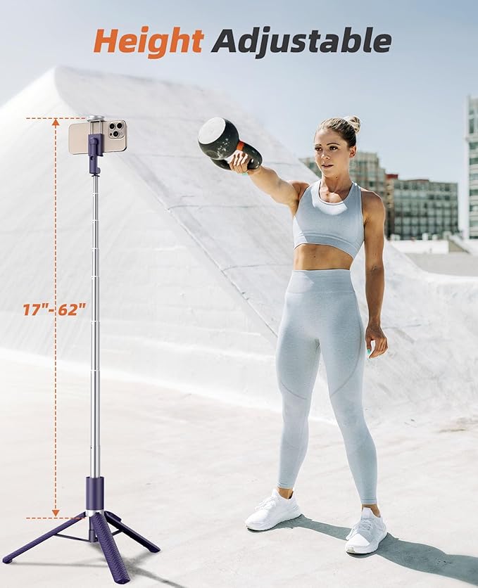 Vimose Phone Tripod & Selfie Stick with Remote, Portable, Lightweight for Video Recording Vlog, Extendable Travel Tripod Stand Compatible with iPhone Android, Purple, 62"