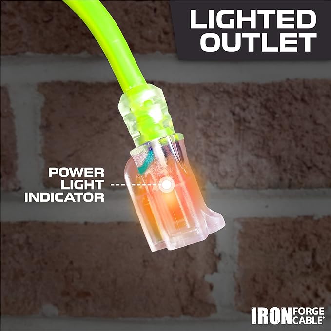 Iron Forge Cable Weatherproof 25 Ft Outdoor Extension Cord Neon Green - 12/3 SJTW 15 Amp Heavy Duty Light Green High Visibility Cable with 3 Prong - Lighted End