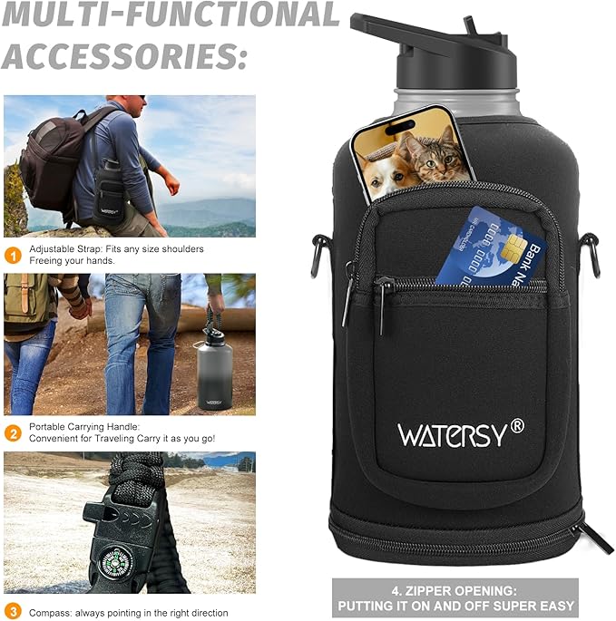 87oz Insulated Water Bottle (Cold for 48 Hrs),BPA Free&Leak Proof,1.5 Gallon Stainless Steel Water Flask,Water Jug with Straw Spout Lids for Gym,Hiking,Camping,Grey Black