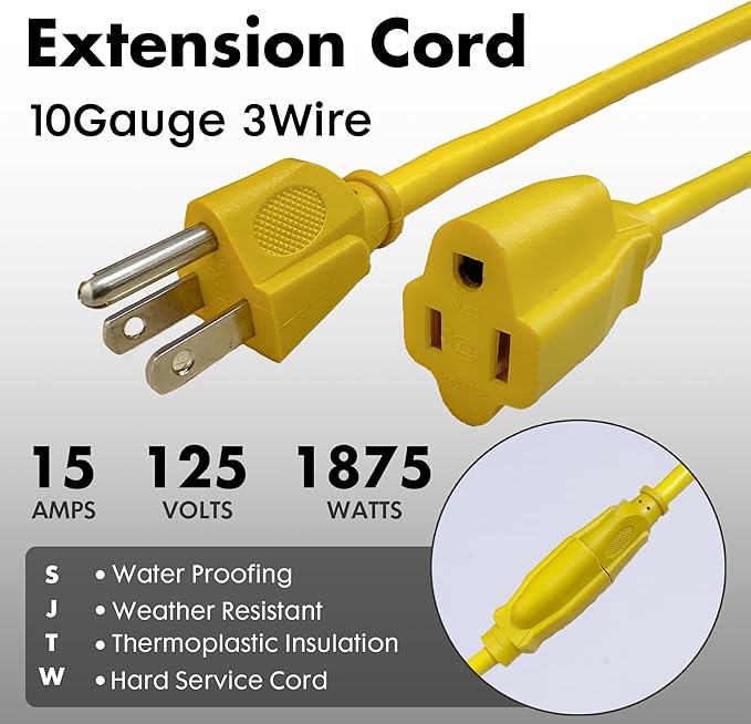 1ft Yellow Extension Cord Waterproof, UL Listed, 10/3 SJTW Heavy Duty 3 Prong, 10 Gauge 15A Power Cord Ideal for Lights, Appliances, and Lawn