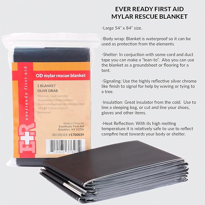 Ever Ready First Aid Mylar Rescue Blanket, Large Olive Thermal Sheet for Emergency and Survival, 54” x 84” – 10 Count