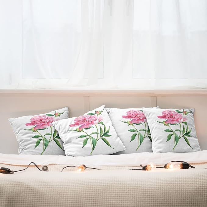 Ambesonne Watercolor Flower Throw Pillow Cushion Case Pack of 4, Vintage Peony Painting Botanical Spring Garden Flower Nature Theme, Modern Accent Double-Sided Digital Printing, 16", White Pink