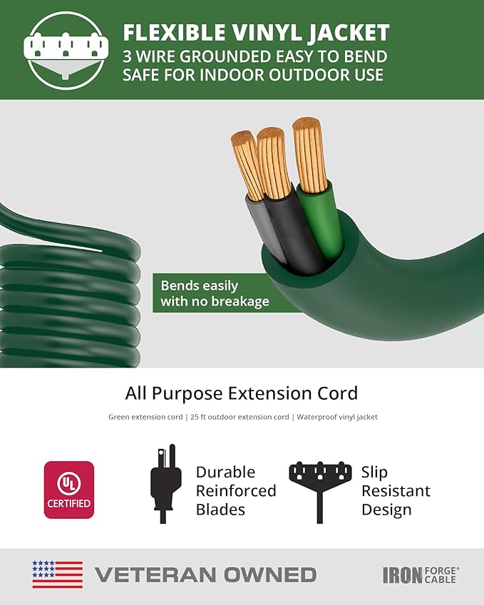 Iron Forge Cable 2 Pack 25ft Green Outdoor Extension Cord with 3 Outlets - 16/3 SJTW 25ft Extension Cord, 13 Amp All-Weather Heavy Duty Power Cable