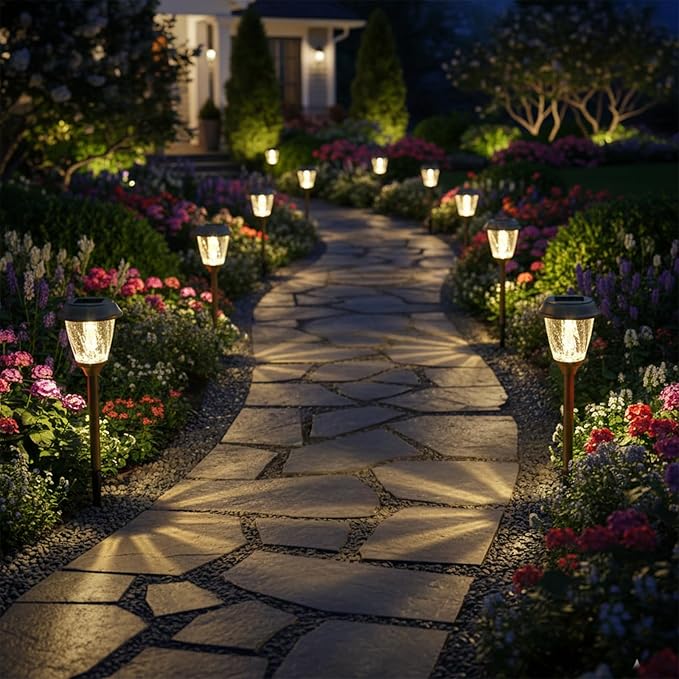 XMCOSY+ Solar Pathway Lights Outdoor, Glass & Stainless Steel Garden Lights with 2 Lighting Modes (10/25 LM), IP65 Waterproof, Warm White for Yard, Walkway, Driveway, Patio & Path (6 Pack)