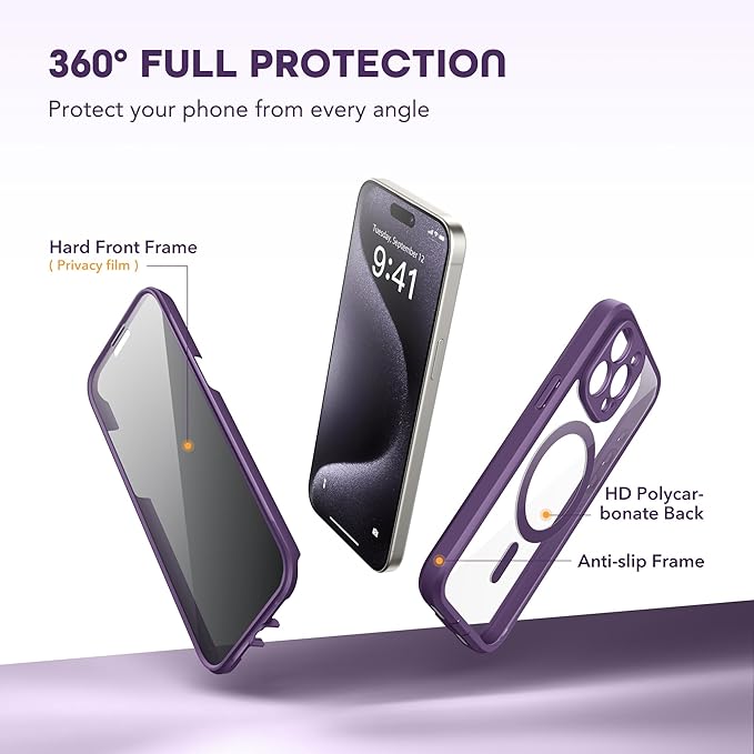 TIESZEN for iPhone 15 Pro Case, Compatible with MagSafe, Built-in Privacy Screen Protector and Camera Protection, Anti Spy Full Body Dustproof Shockproof Hard Phone Case 6.1", Deep Purple