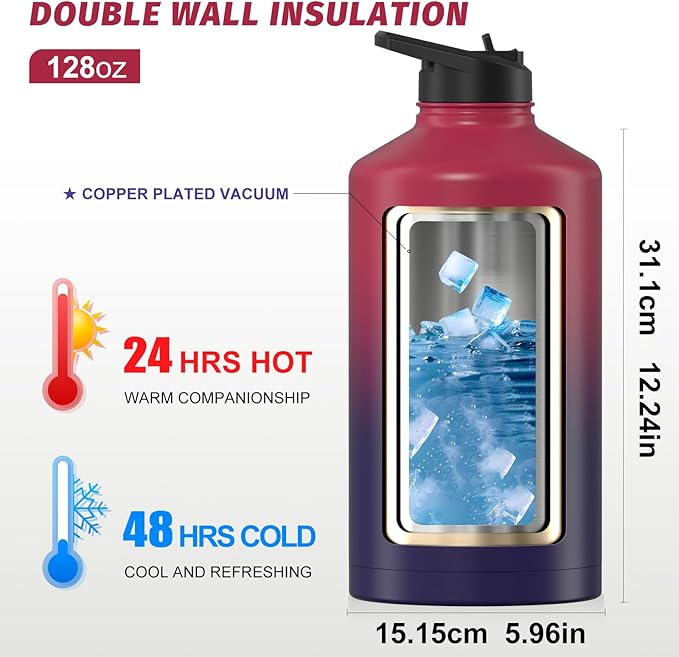 1 Gallon Water Bottle Insulated(Cold for 48 Hrs),BPA Free&Leak Proof,128oz Stainless Steel Water Jug,Large Water Bottle with Straw Spout Lids for Gym,Hiking,Camping&Travel,Red Purple