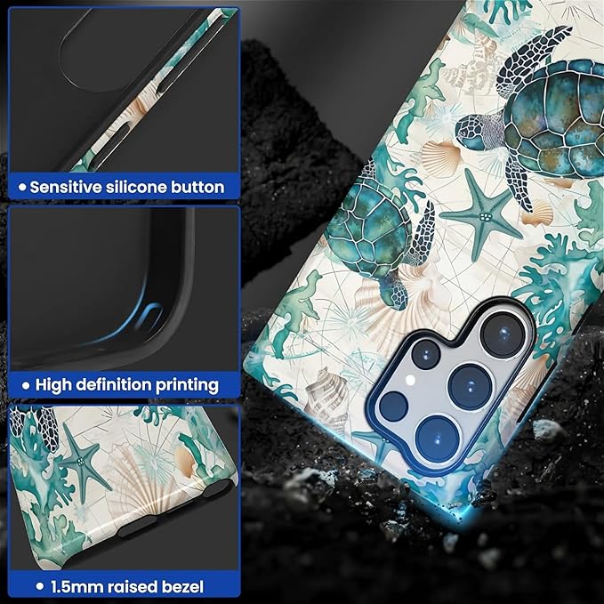 for Samsung Galaxy S23 Ultra Case,HL2 Ocean Sea Turtle Nautical Map Hybrid 2 Layer Hard Shell Silicone Protective Pattern Design Case