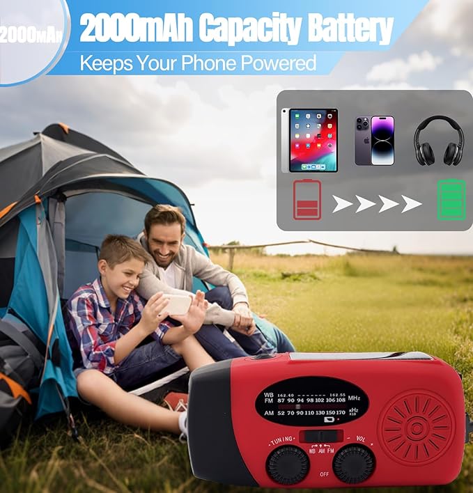 Emergency Hand Crank Weather Radio, AM/FM NOAA Portable Solar Radio with 2000mAh Battery Phone Charger, SOS Alarm & Survival Flashlight for Indoor/Outdoor, Emergency, Hurricane (Red)
