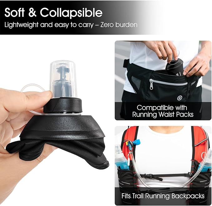 GYGYL Soft Flask, TPU Collapsible Soft Water Bottle for Hydration Pack, Running Vest, Leak-Proof Folding Water Bottle for Hiking Cycling Climbing Jogging-500ml Black