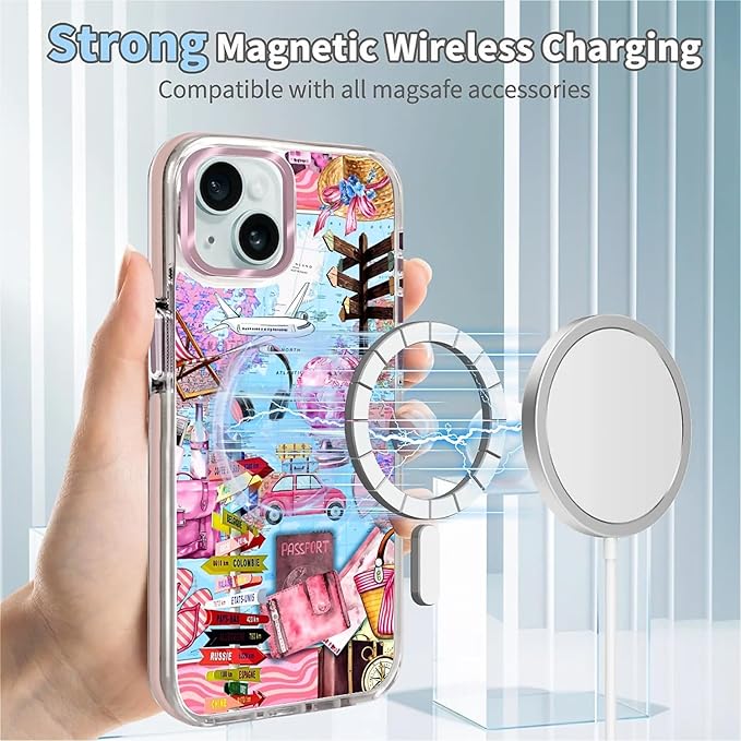 Case for iPhone 15,[Compatible with MagSafe],Cover Holiday Trip World Map Phone Case Design，for Women Girls Magnetic Clear Cover - Slim, Sleek, & Shockproof Protection