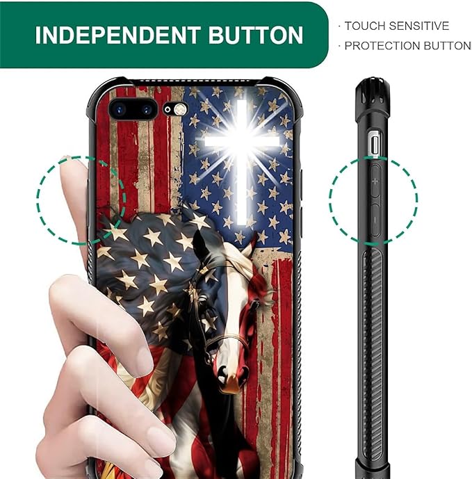 Case for iPhone 7 Plus/8 Plus, Red American Flag Horse Cross Pattern, Soft Silicone Hard Acrylic for Shock Protection