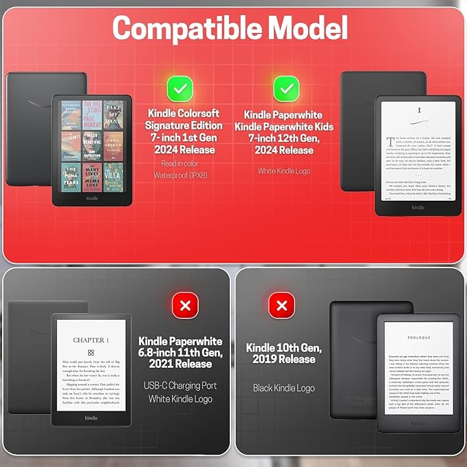 TNP Stand Case for Kindle Paperwhite 12th Generation 2024 / Kindle Colorsoft Signature Edition with Hand Strap & Card Slot - 7" PU Leather Protective Folio Cover with Auto Wake/Sleep, Red Love Heart