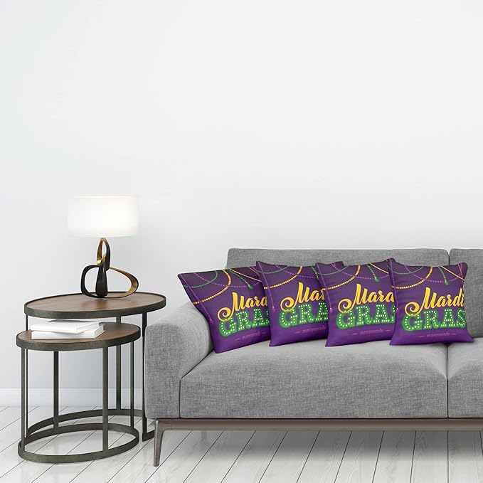 Ambesonne Mardi Gras Throw Pillow Cushion Case Pack of 4, Beads and Tassels Masquerade Theme Calligraphy Design Fun Print, Modern Accent Double-Sided Digital Printing, 18", Purple Marigold