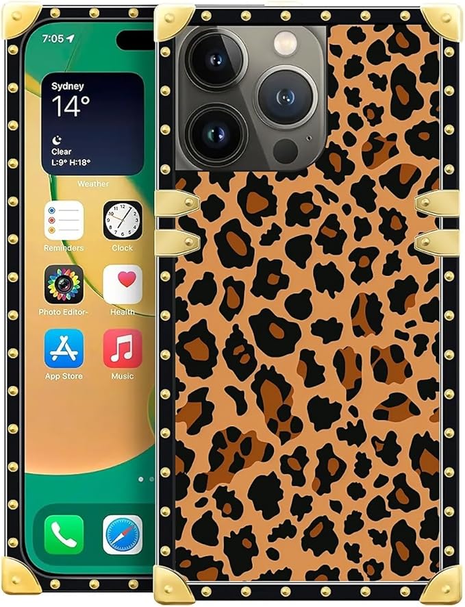 Compatible with iPhone 14 Pro Max Case, Brown Leopard Texture Luxury Golden Decoration for Girl Women Soft TPU Shockproof Protective Hard PC Back for iPhone 14 Pro Max