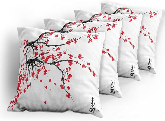 Ambesonne Nature Throw Pillow Cushion Case Pack of 4, Sakura Blossom Japanese Cherry Tree Garden Summertime Vintage Cultural Print, Modern Accent Double-Sided Digital Printing, 24", Grey Vermilion